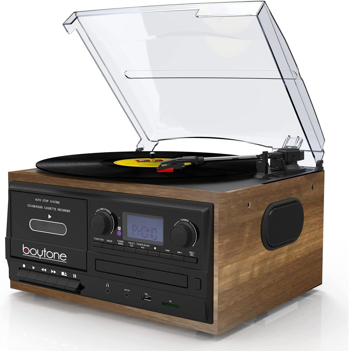 Bluetooth Record Player Turntable with AM/FM Radio, Cassette, CD Player, 2 Built in Speaker, SD Slot, USB, AUX F835739