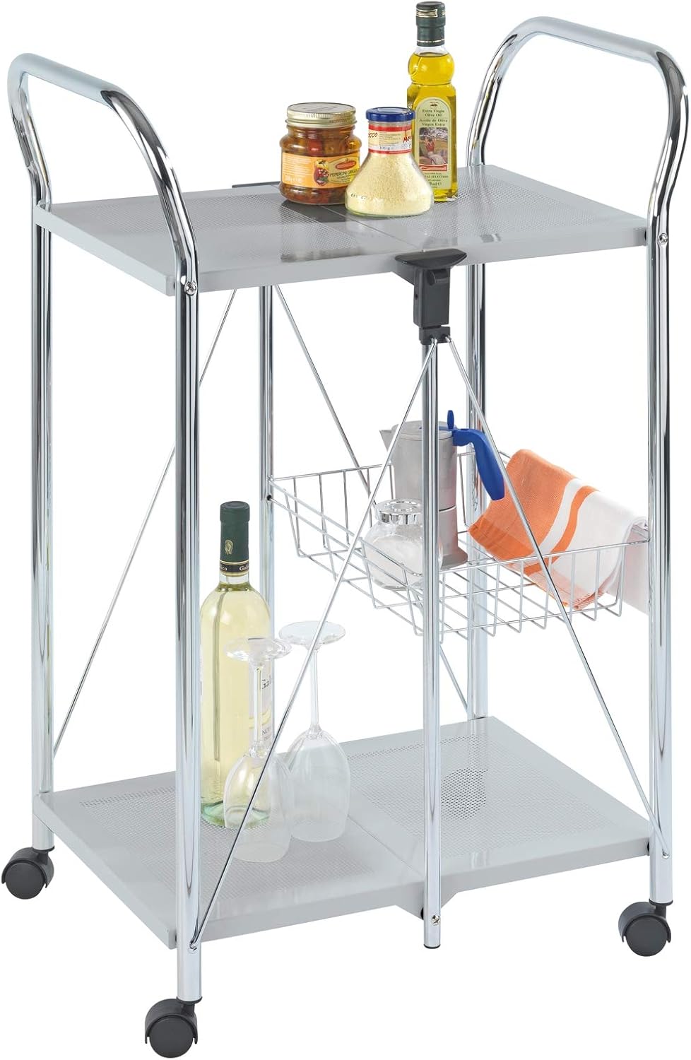 Foldable Utility Powder-Coated Metal Rolling Kitchen Cart, Silver Matt N718247