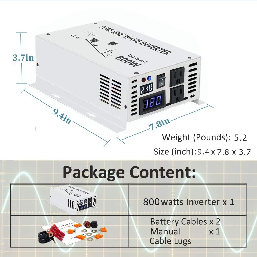 Pure Sine Wave 800W Power Inverter DC to AC 24V 120V X40939