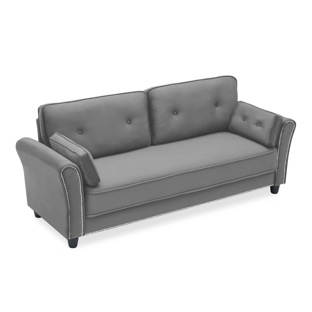 Grey Velvet Loveseat Sofa with Two Pillows F64832