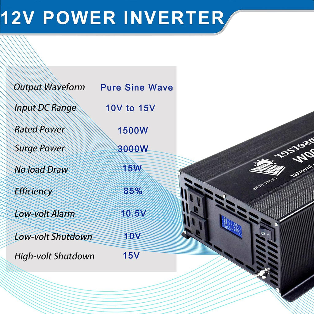 1500w 12v Pure Sine Wave Power Inverter DC to AC 110v 120v with Dual US Outlet and LCD Display J450