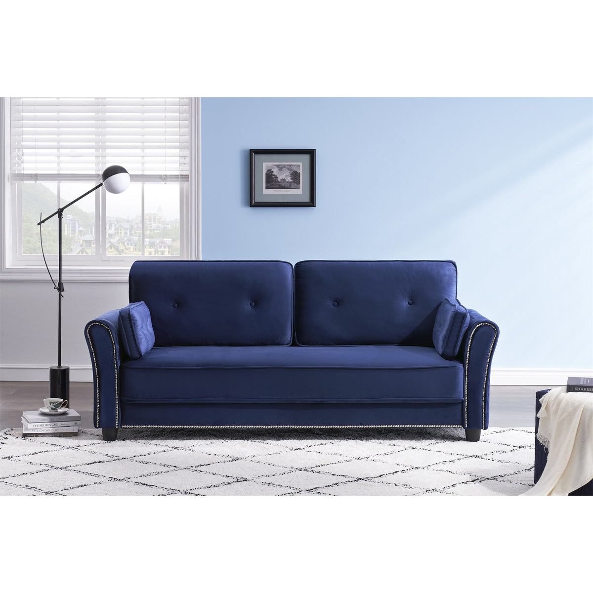 Grey Velvet Loveseat Sofa with Two Pillows F64832