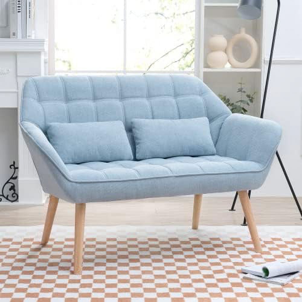 Blue Linen Fabric 2-Seat Loveseat Sofa with 2 Pillow O763