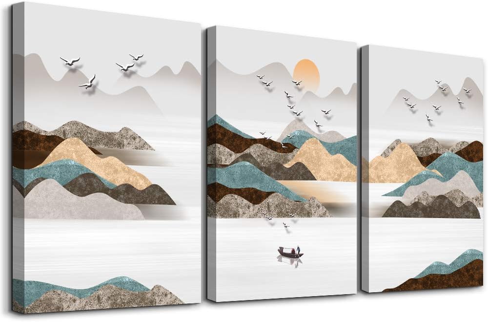 3 Piece Framed Canvas Wall Art Abstract Mountain Landscape Painting I281