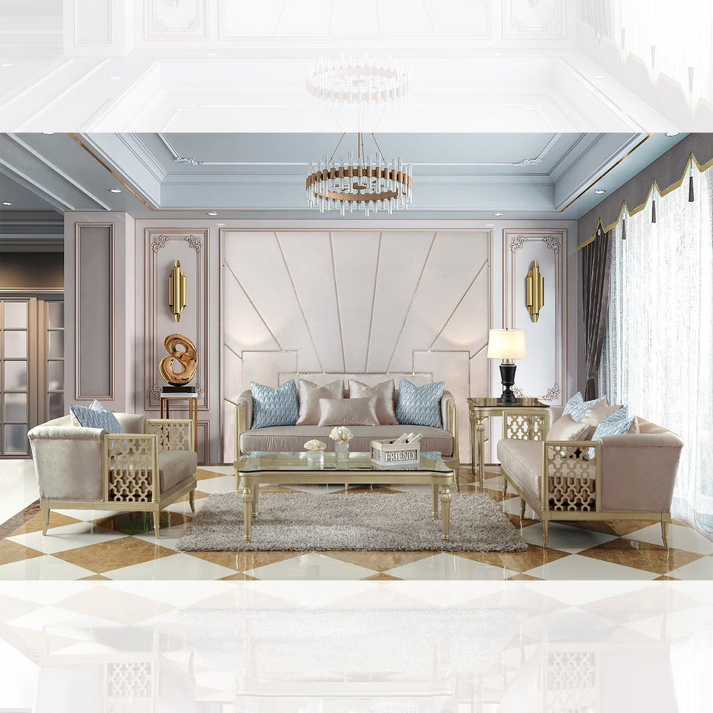 Satin Gold Fabric 3Pcs Sofa Set U9712