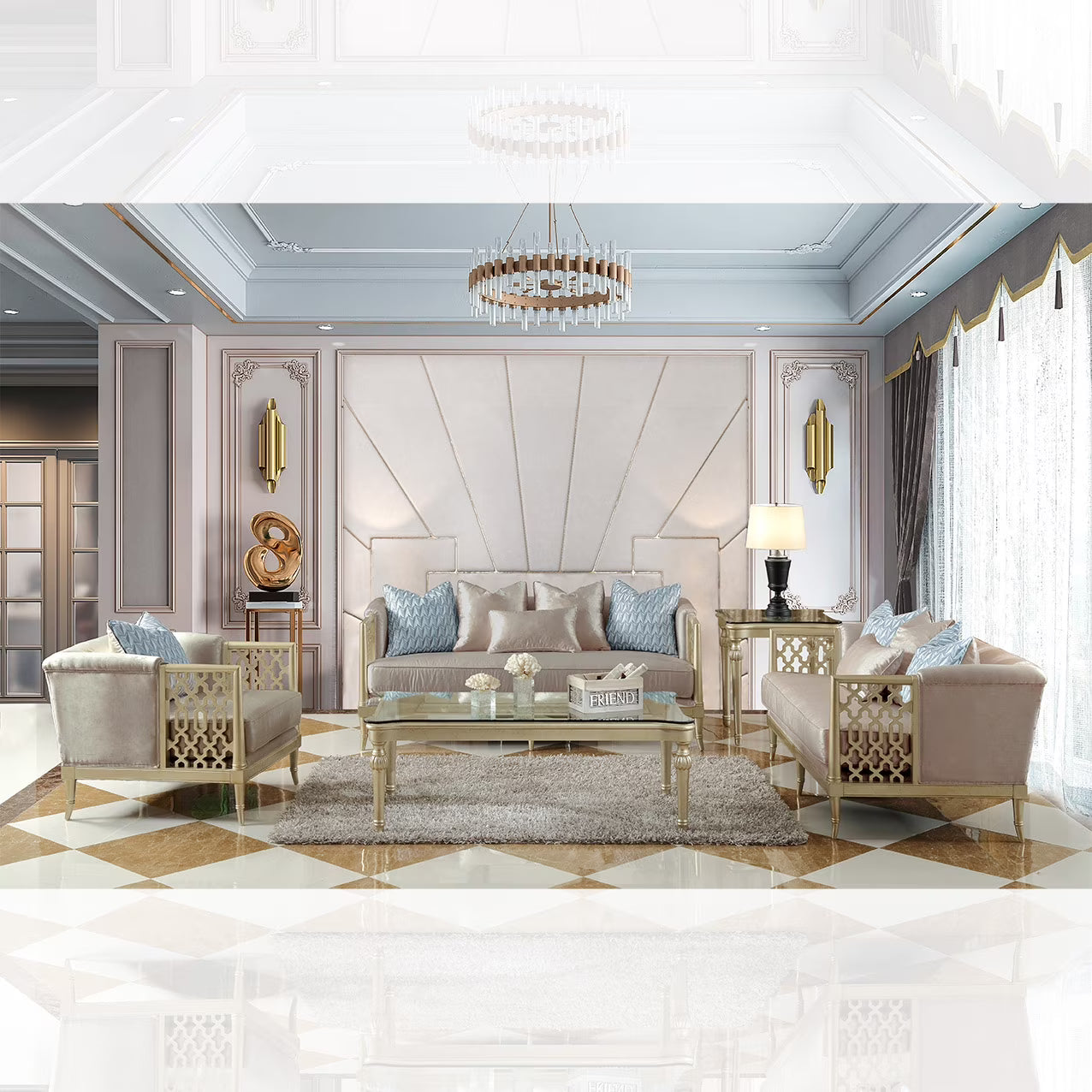Satin Gold Fabric 3Pcs Sofa Set U9712