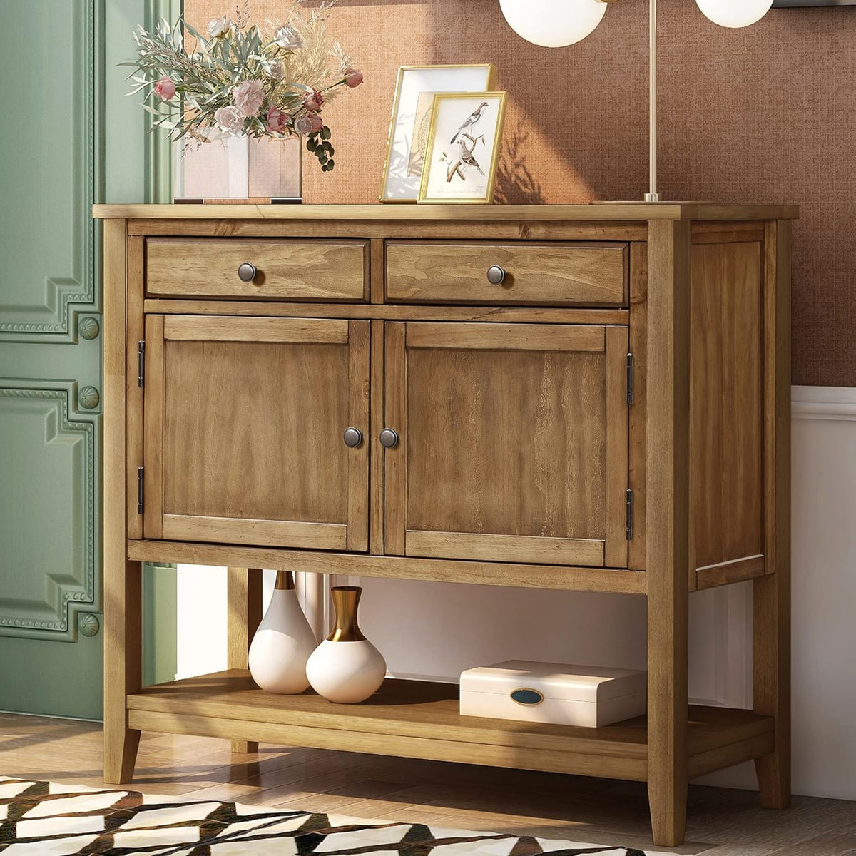 Espresso Wood Buffet Sideboard Table with Drawers & Open Shelf W64363
