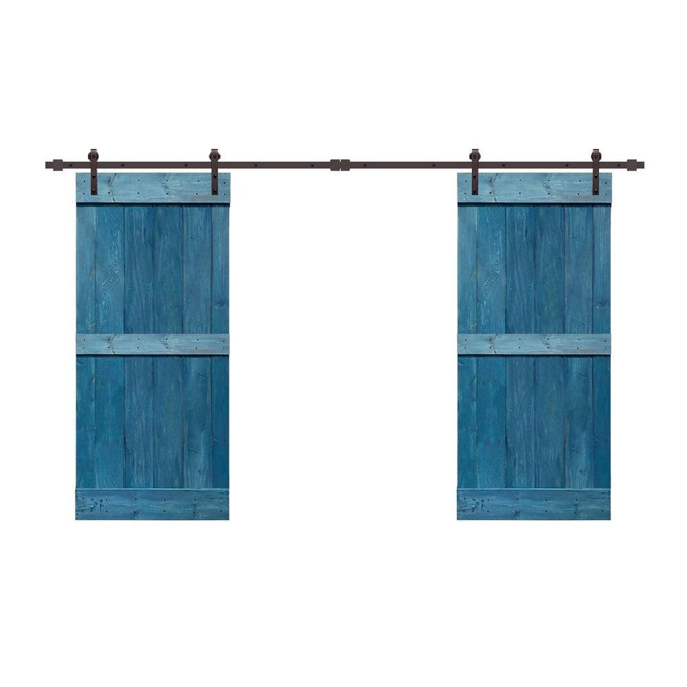 Sage Green Stained Solid Pine Wood Interior Double Sliding Barn Door with Hardware Kit D564