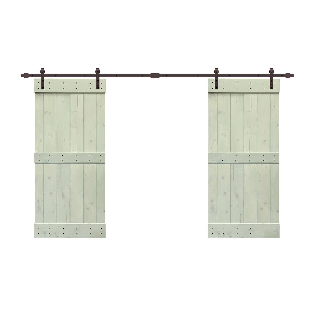 Sage Green Stained Solid Pine Wood Interior Double Sliding Barn Door with Hardware Kit D564