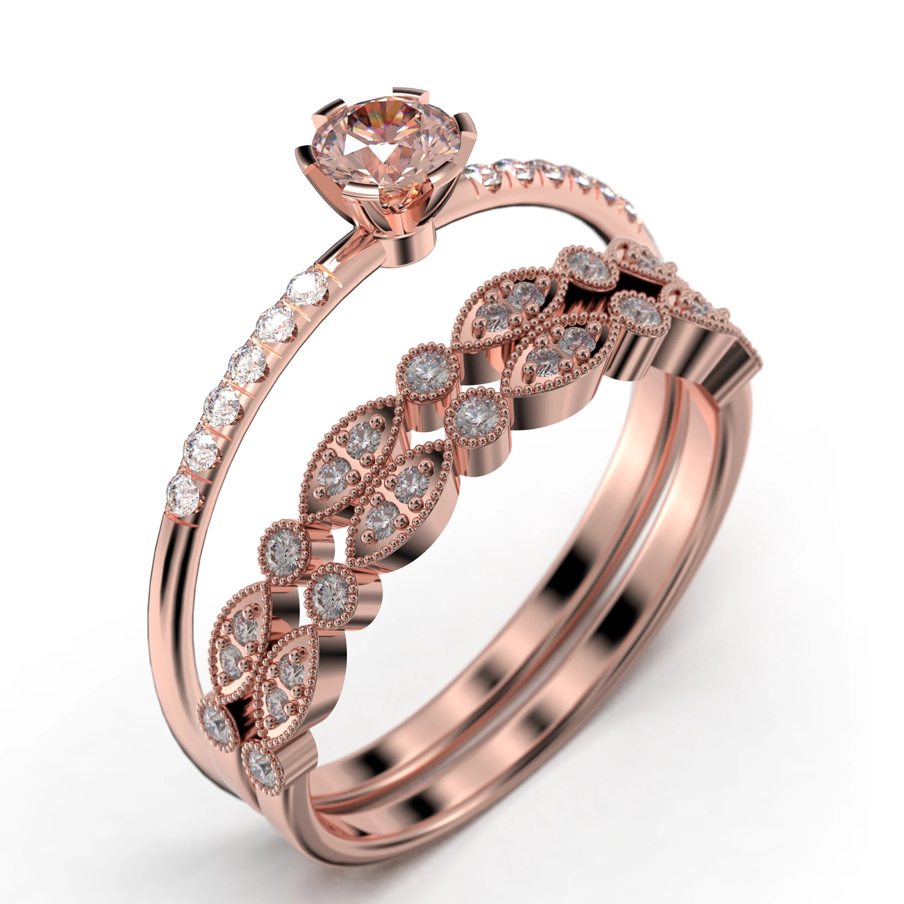 1.55 Carat Round Cut Morganite And Diamond Moissanite Engagement Ring Trio Set in 925 Sterling Silver With 18k Rose Gold Plating K695336