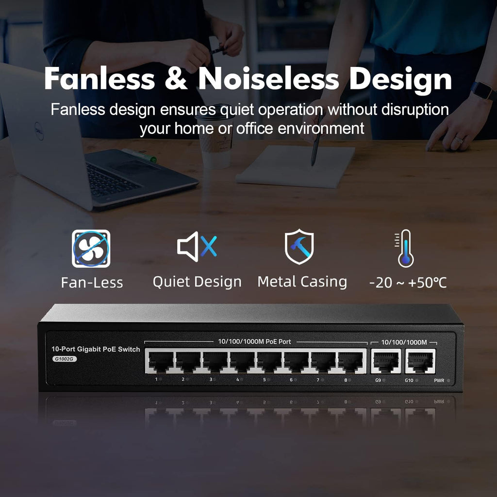 10 Port Gigabit PoE Switch, 8 Port PoE+, 2 Uplink, 96W, Unmanaged, Pack of 2 H710