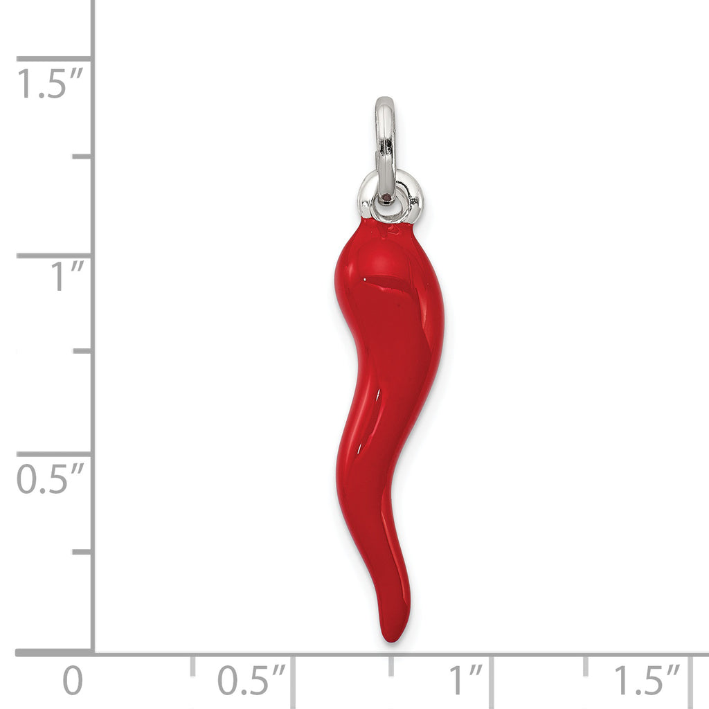 Sterling Silver Red Enamel Italian Horn Charm Pendant with Rope Chain Necklace 16'' X807