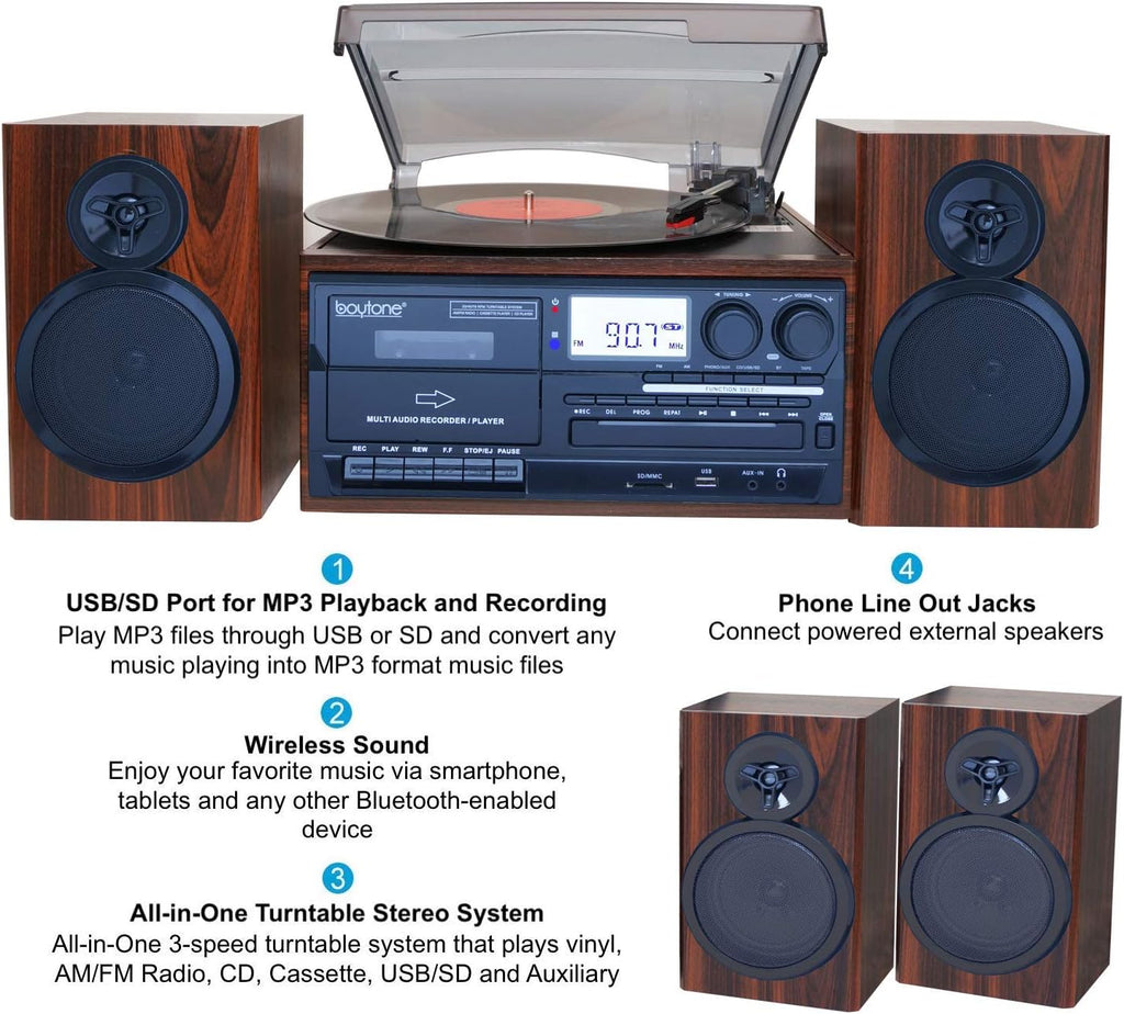 Bluetooth Record Player Turntable with AM/FM Radio, CD / Cassette Player, 2 Stereo Speakers B549248