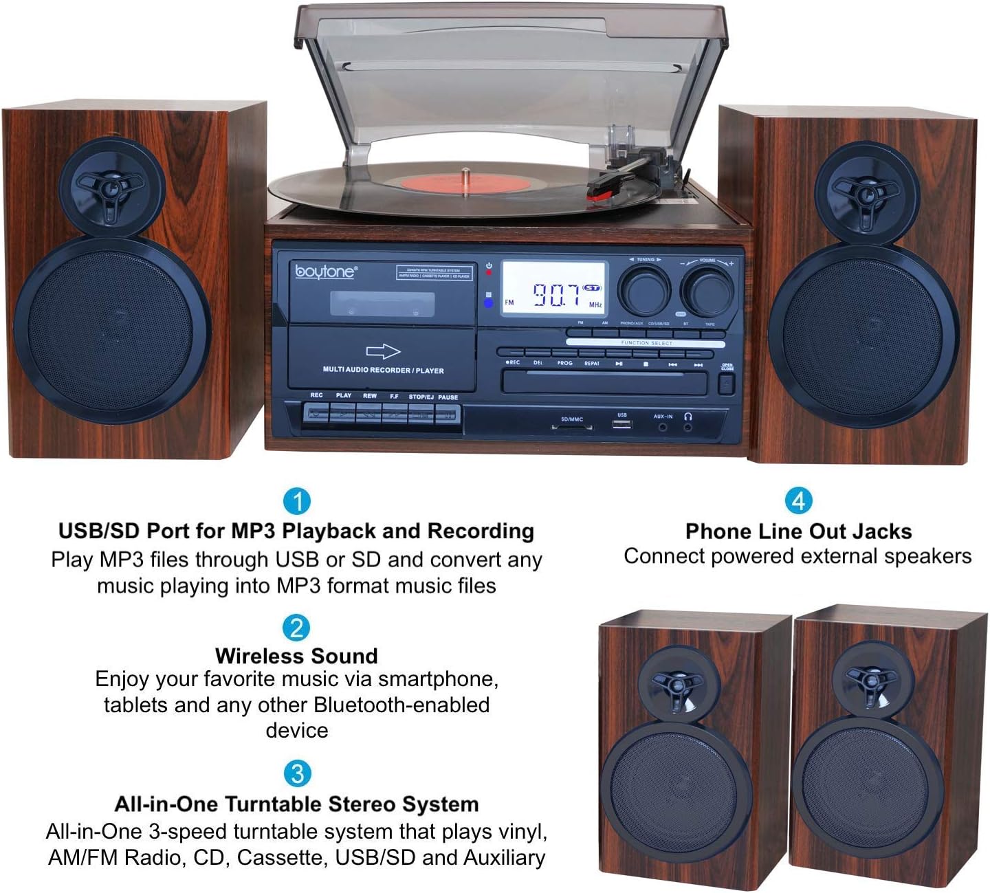 Bluetooth Record Player Turntable with AM/FM Radio, CD / Cassette Player, 2 Stereo Speakers B549248