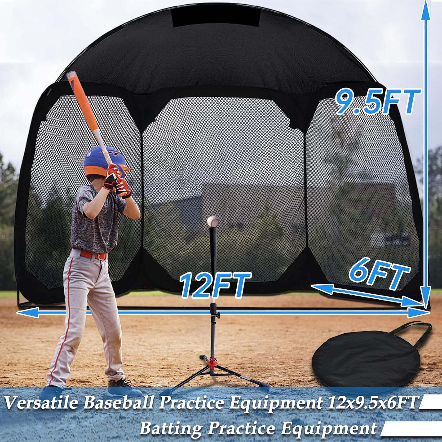 12 X6 X9.5FT Portable Baseball Batting Net with Carry Bag Q711616