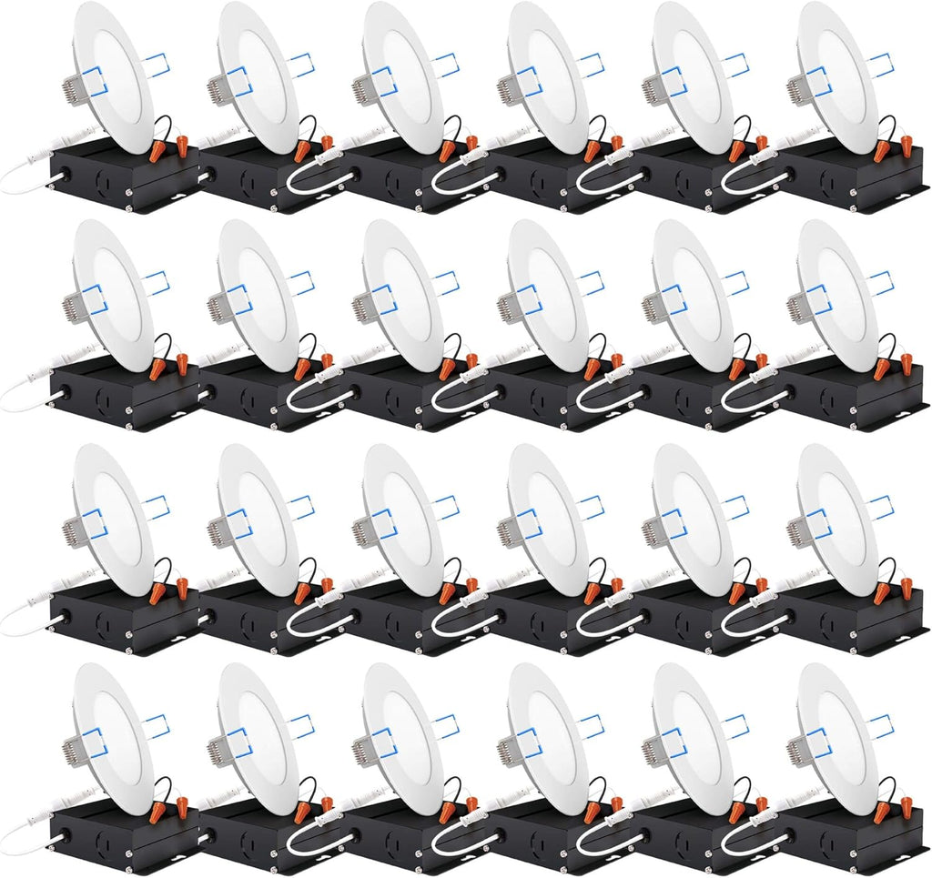 24 Pack 4 Inch Ultra Thin LED Recessed Ceiling Lights, 5000K Daylight, Dimmable 10W=60W, 650 LM, Canless Wafer Thin with Junction Box A5467