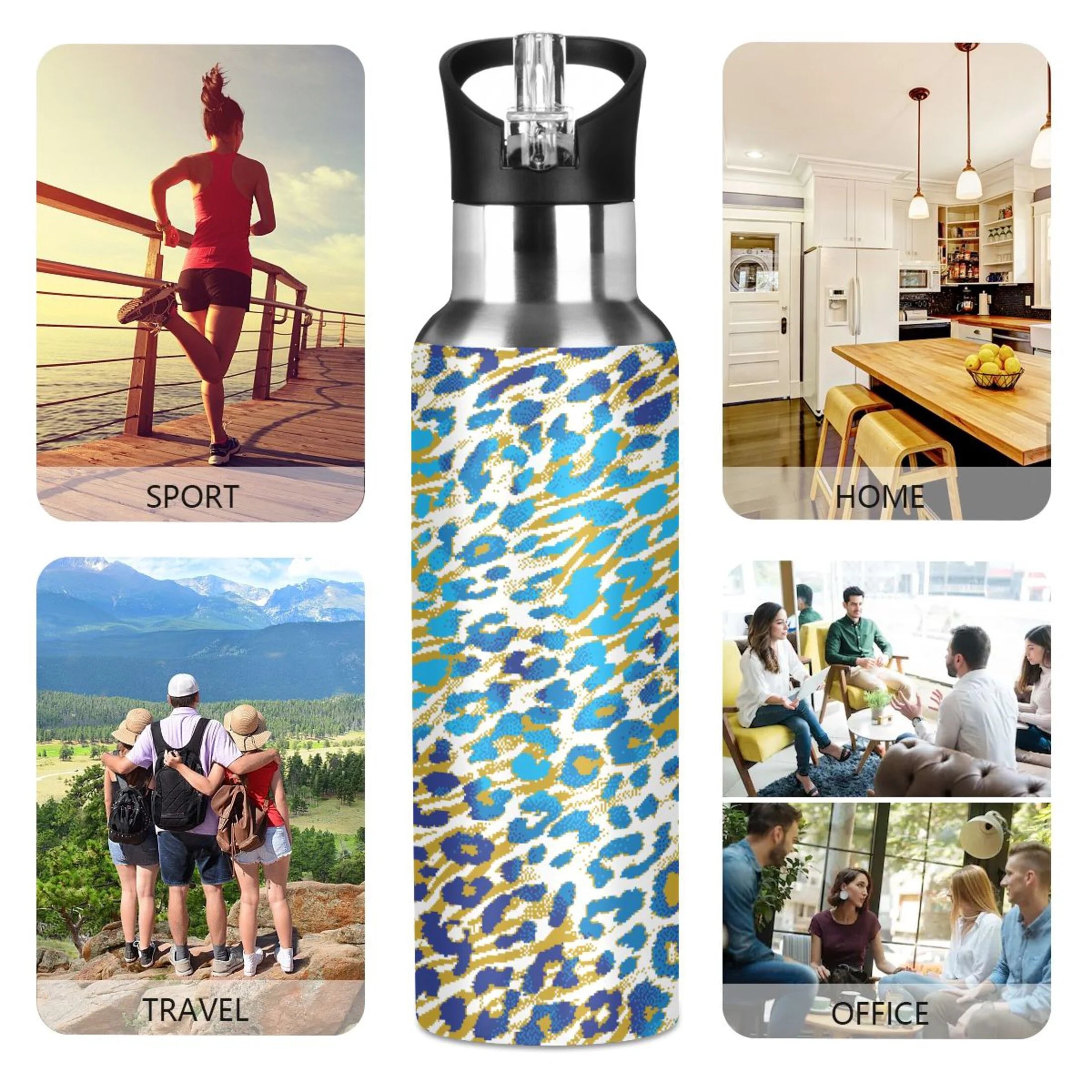 Green Brown Leopard Stainless Steel Vacuum Insulated Water Bottle 20 OZ I2709