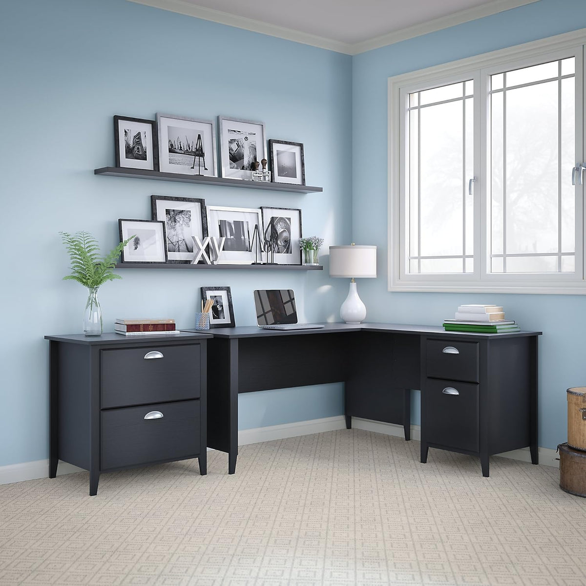 Black Suede Oak L Desk and Bookcase I53554