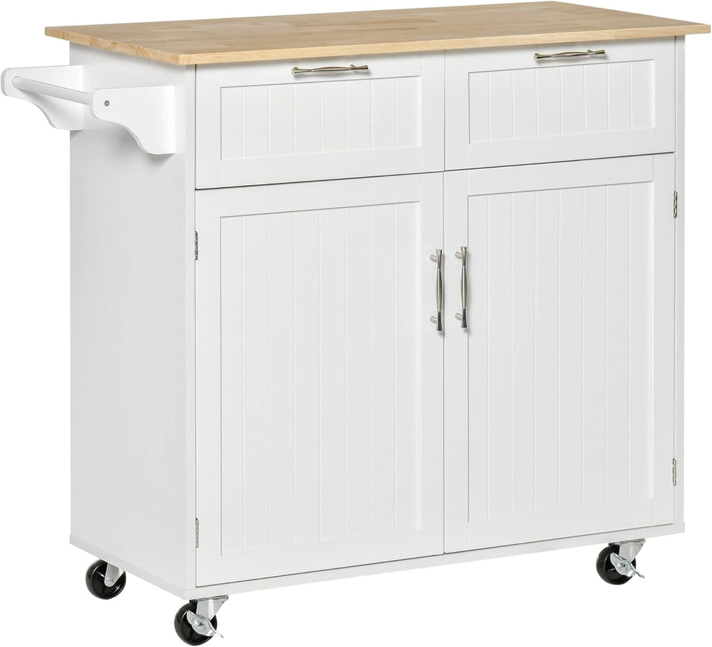 Black Rolling Kitchen Island with Rubberwood Top and Drawers K3201