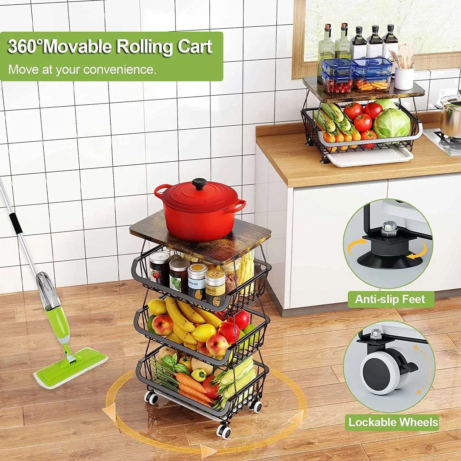 4 Tier Fruit Vegetable Cart with Solid Wood and Rollers Z88491