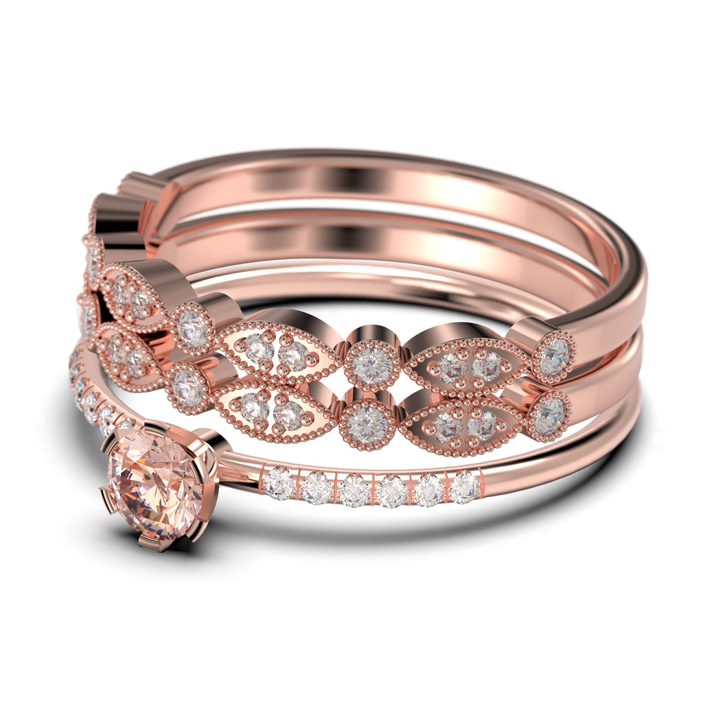 1.55 Carat Round Cut Morganite And Diamond Moissanite Engagement Ring Trio Set in 925 Sterling Silver With 18k Rose Gold Plating K695336