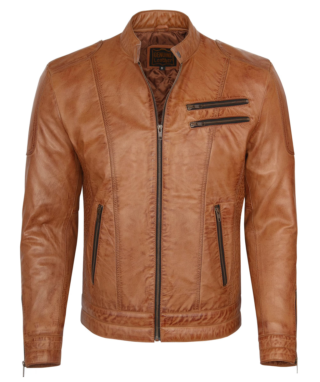 Camel Lambskin Leather Biker Jacket Size L D59529