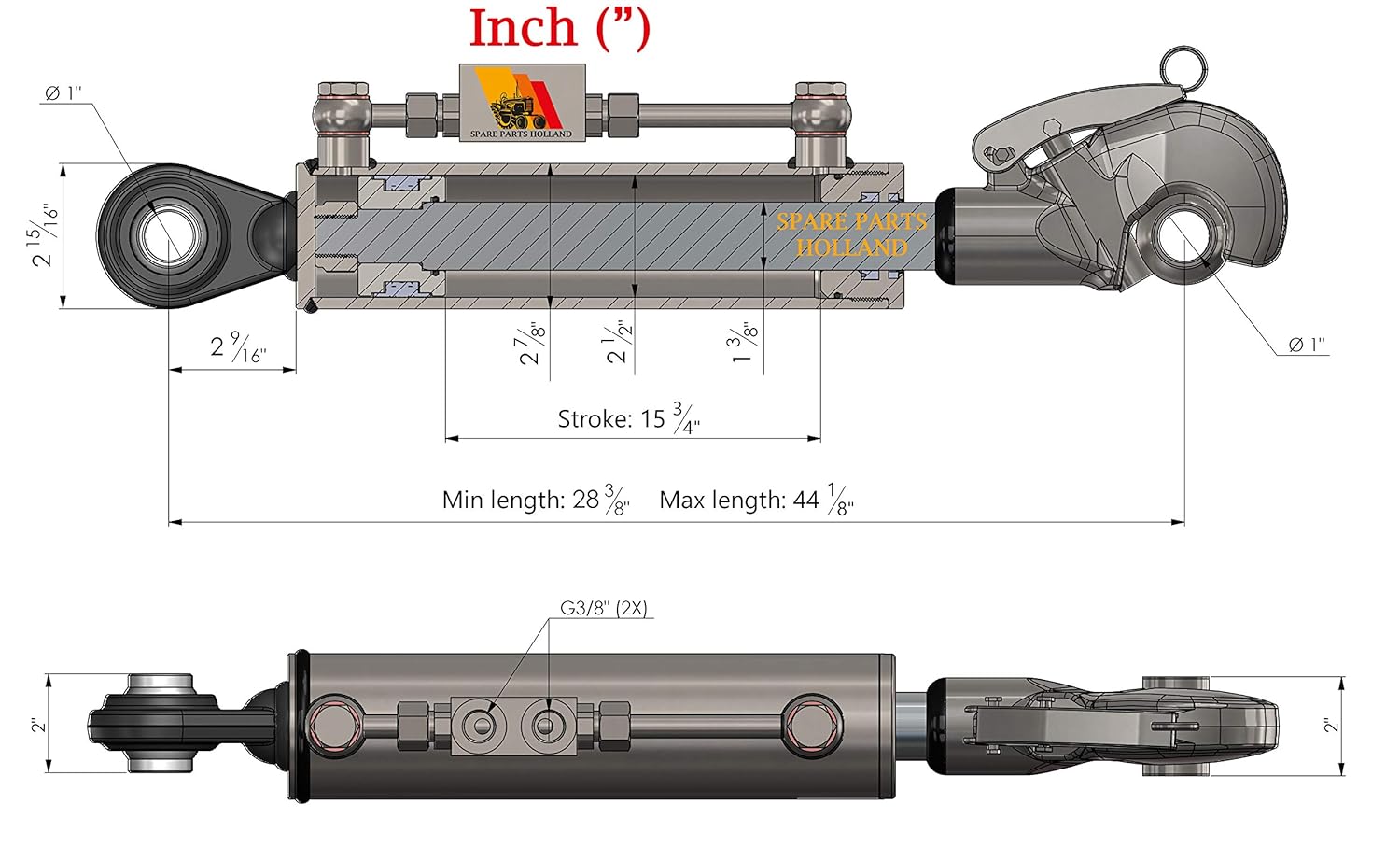 Hydraulic Top Link Cat. 2 28 3/8” - 44 1/8” Locking Block Stroke 15-3/4” B325