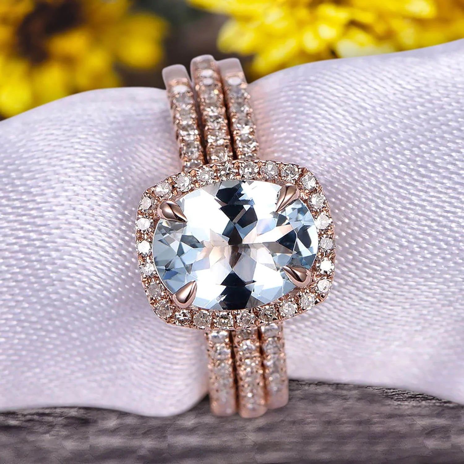 Oval Cut Aquamarine Engagement Ring 10k Rose Gold With Matching Band N44849