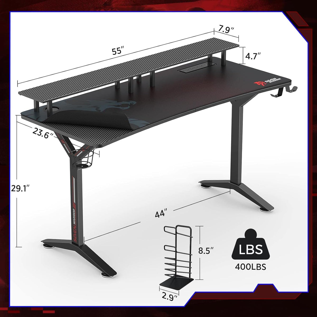 Gaming Desk with LED Strip & Power Outlets, Carbon Fiber Surface Computer Desk with Full Desk Mouse Pad E973605
