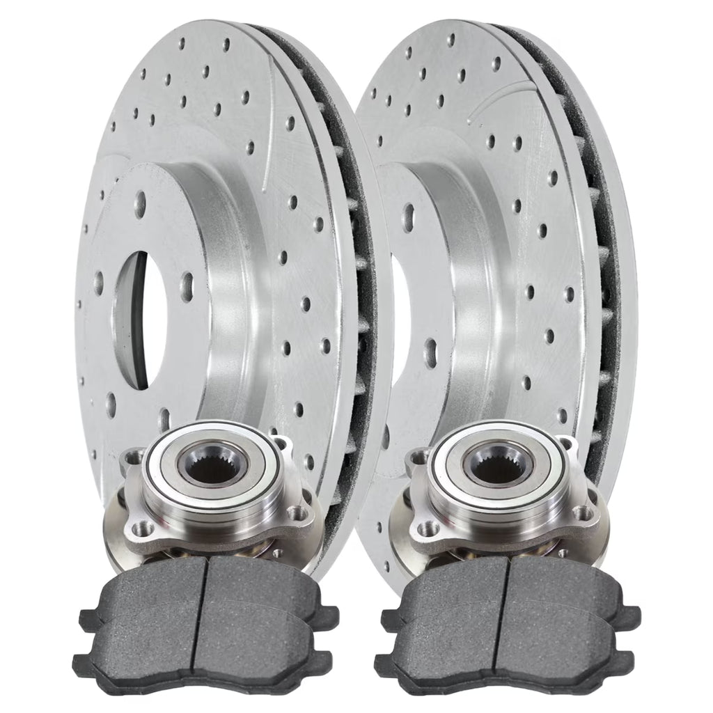 Front Wheel Bearing Hubs Drilled Slotted Rotors Silver Ceramic Pads Kit E9365